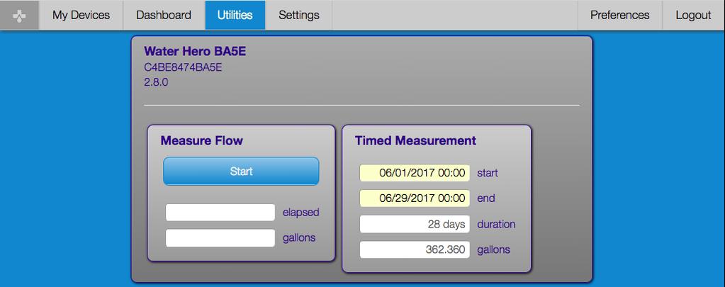 Utilities Measure Flow calculates the amount of water that has been used. It operates similar to a stopwatch, clicking Start begins the measurement and Stop ends it.