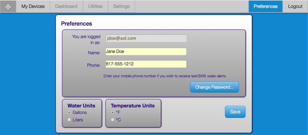 Preferences The Preferences page displays the email account that is associated with your Water Hero. This is stored in the device and is determined when it is added to your network.