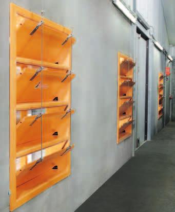 The entire system is made of polyurethane HR-foam plates with aluminium coating on both sides. The baffles are opened and closed by means of a servomotor.