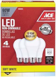 40 watt equivalent, Soft White or Daylight. Lasts 10+ years. 3565892, 3565926 Ace LED Floodlight Bulb 2/Pk.