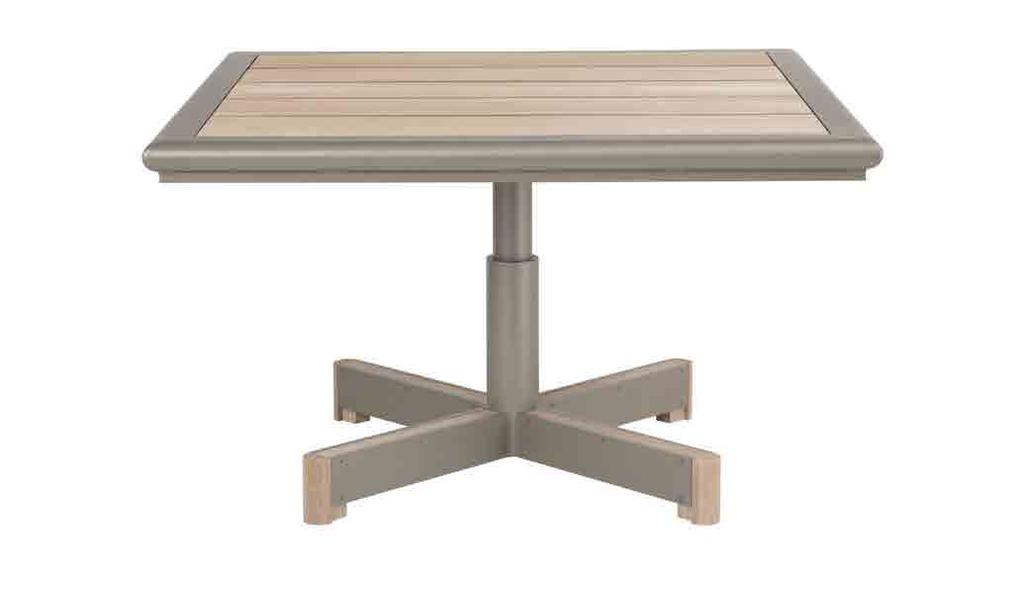 91147 Great Lakes Square Dining Table WIDTH 48 (122cm) DEPTH 48 (122cm) HEIGHT 29 (74cm) BASE SPREAD 25 (64cm) EDGE HEIGHT 3 (8cm) Teak top on a powder coat aluminum frame Available in 20 standard