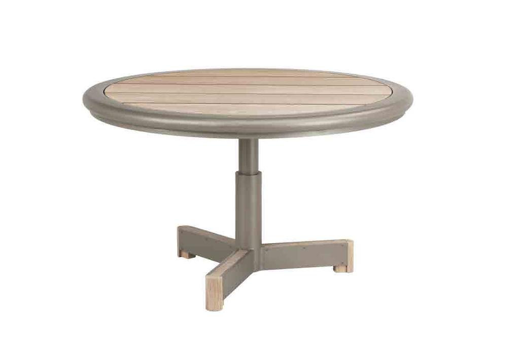 Shown in weathered teak and Sand Dollar powder coat FC91147 furniture cover 90148 Great Lakes Round Dining Table DIAMETER 48 (122cm) HEIGHT 29 (74cm) BASE SPREAD 25.