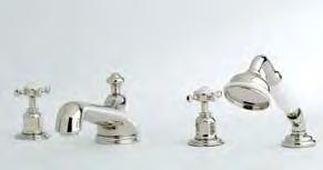 Handshowers are angled, sit neatly inside a shaped base when not in use and feature smooth, rounded porcelain handles.