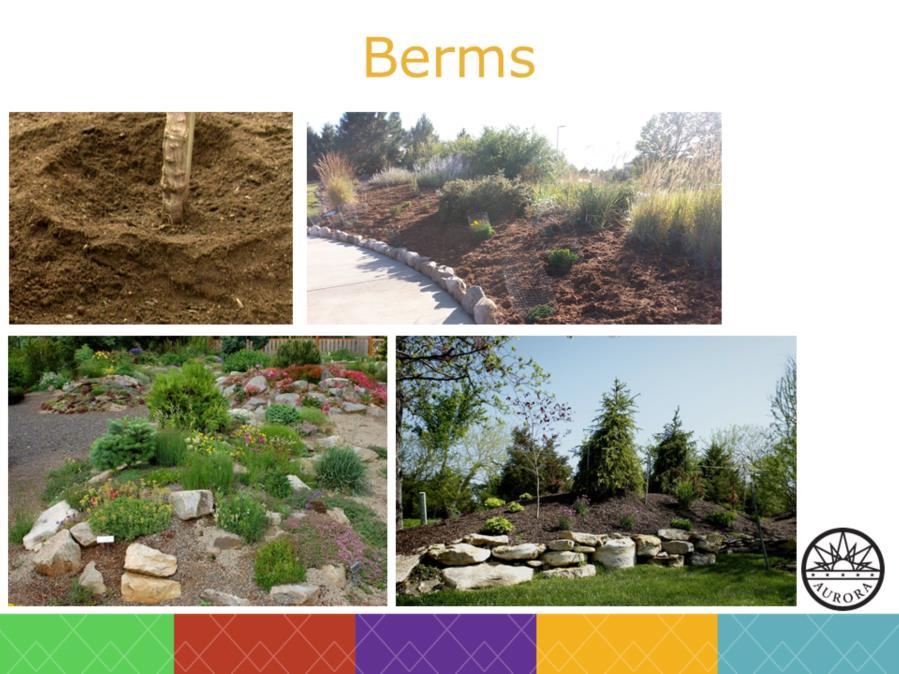 This feature is designed to slow and redirect water flow, forcing some to infiltrate into the soil nearby. Unlike swales, berms are more localized.