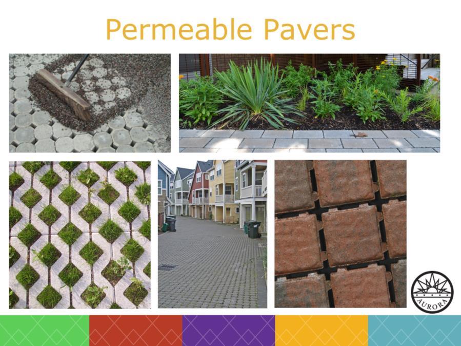 Permeable paving is the use of driveway or sidewalk materials to allow some water to seep downward into the soil.