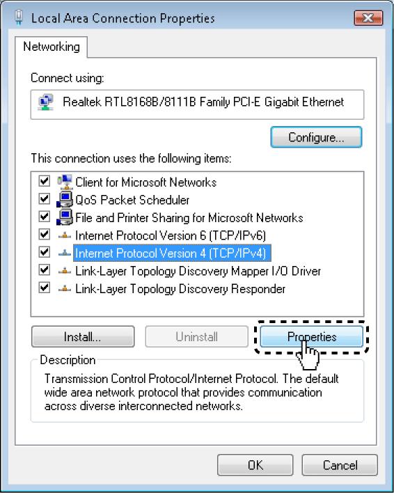 6 Click [Properties]. The [Internet Protocol Version 4 (TCP/IPv4) Properties] dialog box opens, with the [General] tab shown.