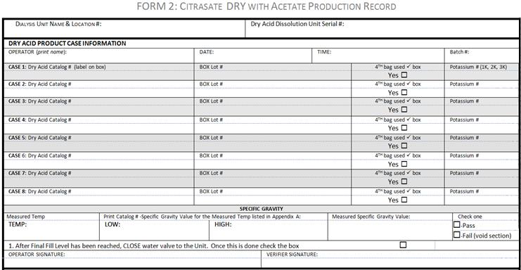 OPERATORS MANUAL FORM 2: Citrasate DRY Batch Production Record For