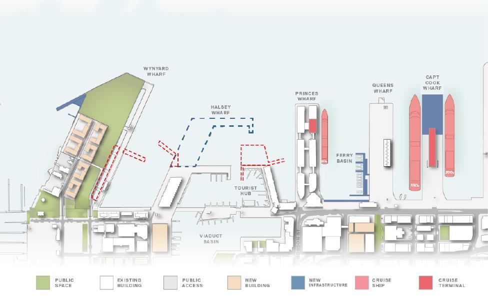 The Waterfront Plan 2012 shows pavilion buildings extending north beyond the Viaduct Events Centre along a further extension of the Halsey Wharf, and it identifies an America s Cup base on Wynyard
