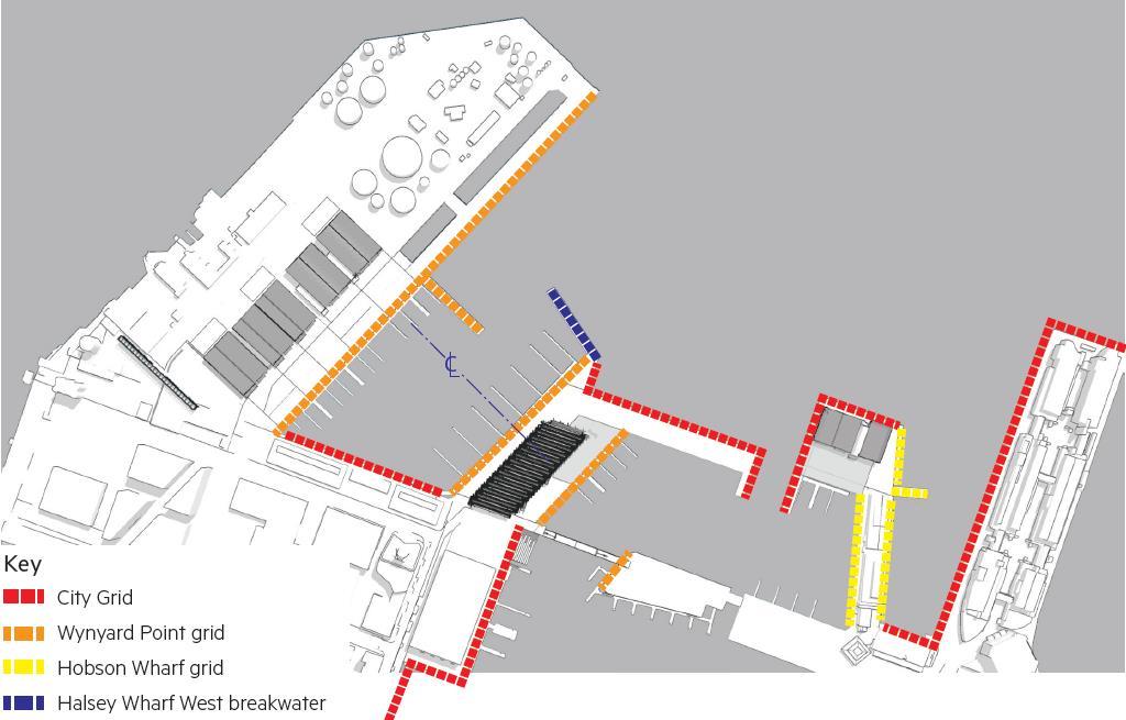 On Wynyard Point the existing street and lot structure relates to the alignment of Wynyard Wharf, an alignment which is identified in the Wynyard Precinct Urban Design Framework as the wharf axis.