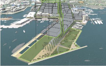 Figure 6.3 Location of the headland park as described in the Wynyard Precinct Urban Design Framework and the Unitary Plan (This illustration, Framework, p10) Figure 6.