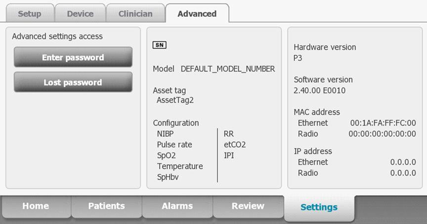 201 Advanced settings The Advanced tab provides password-protected access to the monitor's Advanced settings (or Admin mode), enabling nurse administrators, biomedical engineers, and/or service