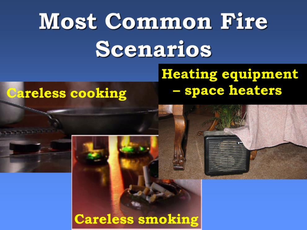 Slide 5 The three leading causes of fires involving older adults are: 1. Cooking, and specifically unattended cooking 2. Cigarettes 3.