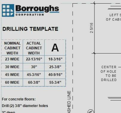 MDC FLOOR ANCHORING Cut out supplied paper template and layout hole locations. Please note, it is only necessary to floor anchor the rear of the cabinet. Drill holes as specified on template.