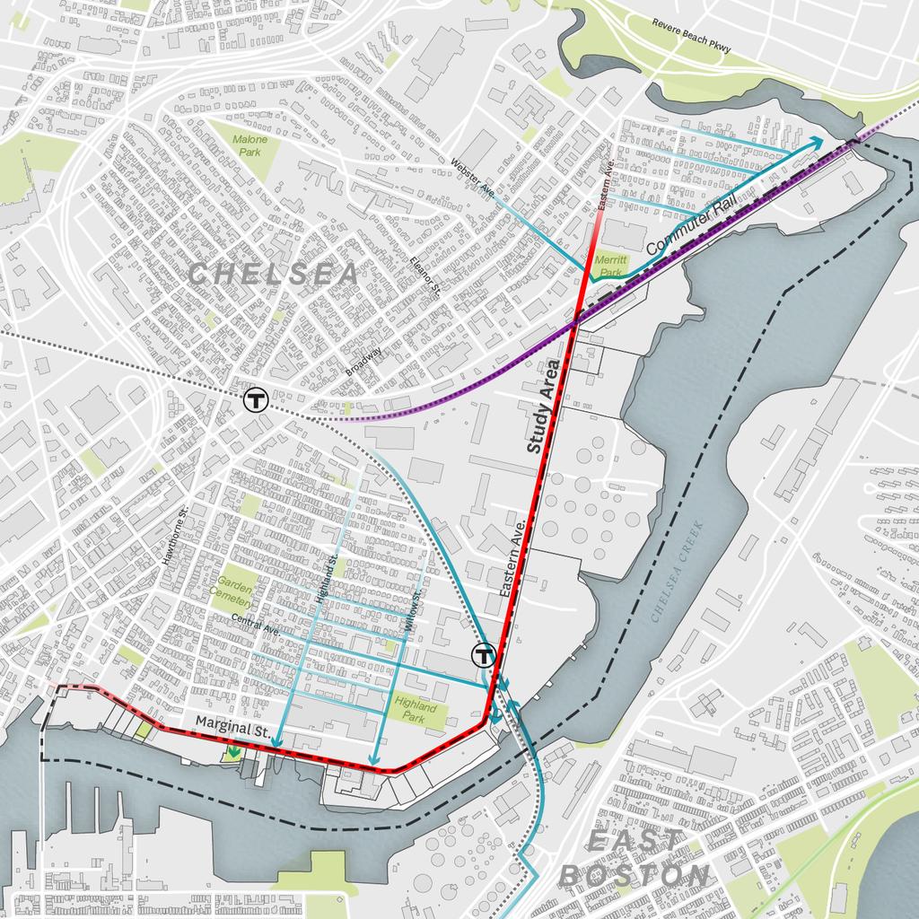 Public access Lack of connectivity from adjacent neighborhoods. Designated truck routes create barriers to pedestrian access. The 2016 vision plan proposes open spaces at the Chelsea St. bridge.