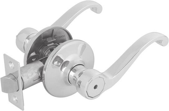 Adjustable latch, 2-3/8" or 2-3/4" Locks from interior knob DECORATIVE PASSAGE LEVERSET Handle reverses to fit right or left handed doors Adjustable latch, 2-3/8" or 2-3/4" Non-locking,