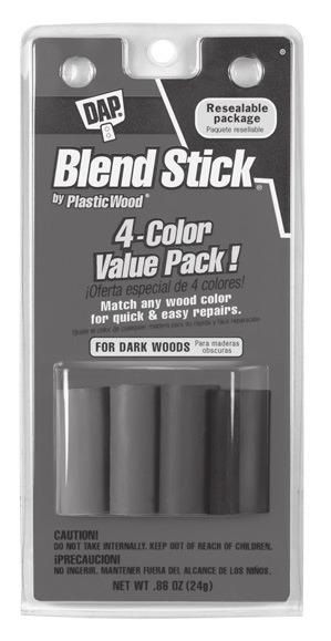 BLEND STICKS DARK WOOD TONES Easy repair of scratches, nail holes, and blemishes in wood Interior Use Easy repair of scratches, nail holes, and blemishes in wood Interior Use 441901 4-PACK