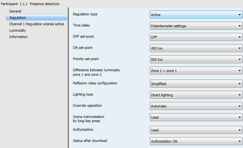 Via a KNX scene number object it is also possible to activate the regulation with a specific regulation level (For example: Scene 2 set-point 200 lux).