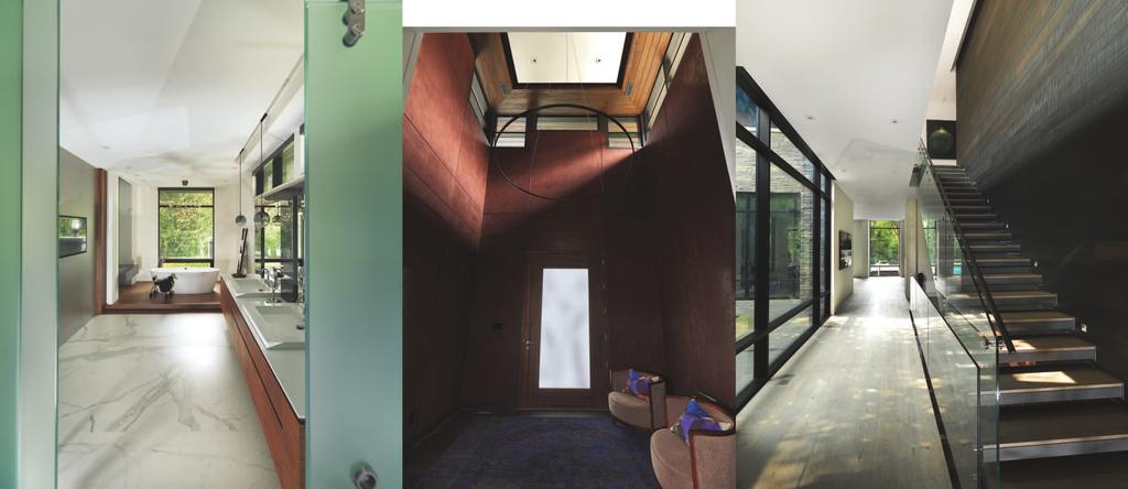 Above: The master bathroom. Beside that: The two storey high entrance, with Giorgetti furniture. Right: The cantilevered stairs, anchored to the wall with a heavy duty steel construction.
