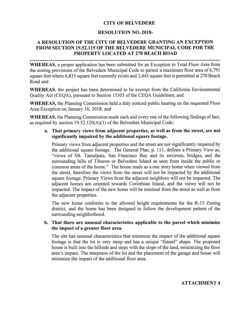 CITY OF BELVEDERE RESOLUTION NO. 2018- A RESOLUTION OF THE CITY OF BELVEDERE GRANTING AN EXCEPTION FROM SECTION 19.52.