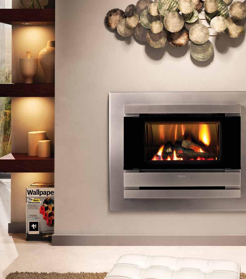 FITZIB-PDEXP heater shown with optional metallic platinum 4 sided surround SURROUND4SX-P Standard features + Electronic ignition and controls + 3 heat and fan speed settings + Realistic eucalypt look
