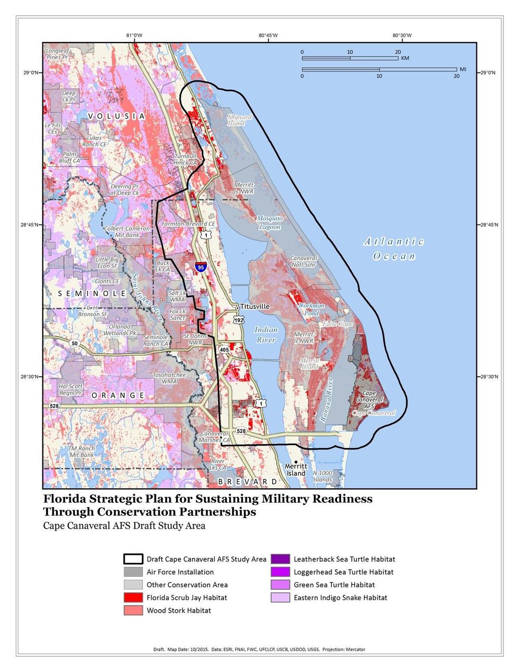 Draft Study Areas: Cape Canaveral AFS Potential Florida scrub-jay habitat on the mainland that might provide mitigation opportunities and stepping stones to connect Canaveral jays to other