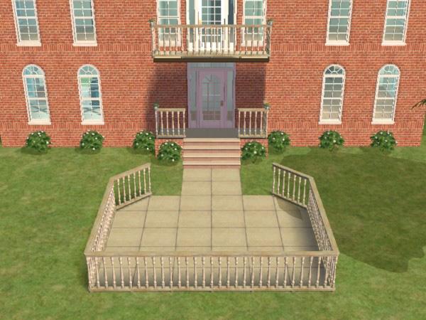 Let s add some cement (you can choose ground coverings if you d like), and also a small fence that matches the banisters on the porches.