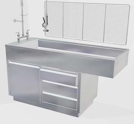 Also available with two cabinet doors in lieu of drawers. The drain is located at the center, by the faucet.