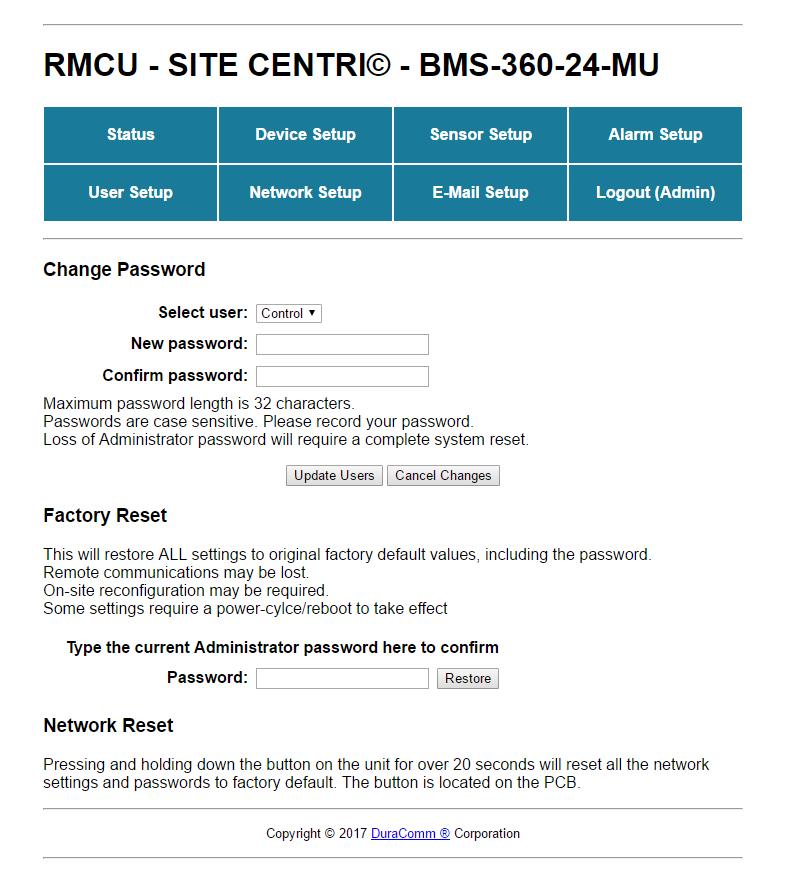 USER SETUP User Setup Password changes and RMCU hard resets are perform by using this page. Care should be taken when changing any of these settings.