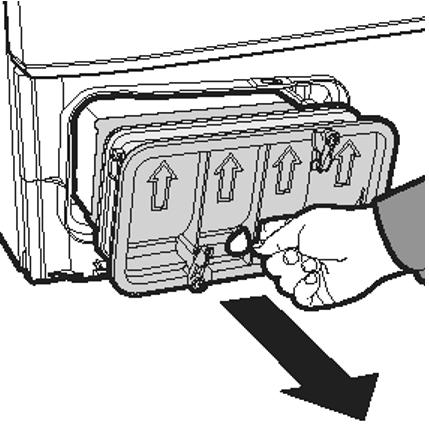 The filter is found in front of the dryer trim (see diagram on next page). Removing the filter: 1. Pull the plastic grip of the filter upwards. 2. Open the filter and clean the lint from the inside.