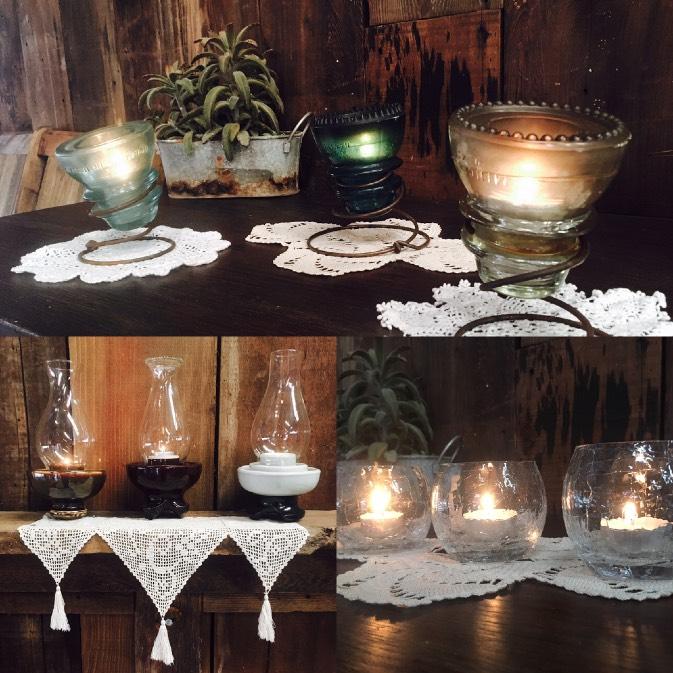 Insulator Candle Holders pictured top 12 available (votive candles not included) Insulator Lanterns pictured bottom left 12