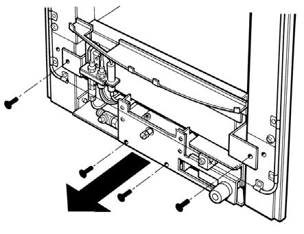 Fig. 4 d) Unscrew the burner assembly fixing screws at either side of the firebox, and the two fixing screws at the base of the fire (See fig.