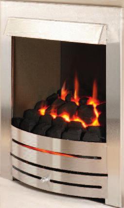 For finish and trim options of fireplace and Hole in the Wall models please refer to pages 14, 15. The Vitesse Balanced Flue with coal and Brushed Stainless Contemporary Trim.