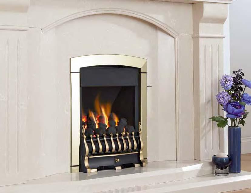 Calypso Plus in brass High Calypso Plus Brick Chimney Pre-Fabricated Flue Pre-Cast Flue The Calypso Plus is a striking open fronted full depth convector gas fire with a net efficiency of 70% and a