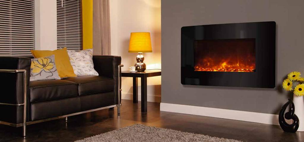 Watch the video electriflame xd curved black glass Wall mounted only 1.8kW Advanced 3D technology to create an extra deep flame effect Relaxing, smoky full depth flame effect 0.