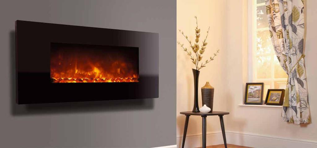 Watch the video electriflame xd piano black Wall mounted only 1.8kW Advanced 3D technology Relaxing, smoky full depth flame effect Variable flame dimmer with four settings 0.