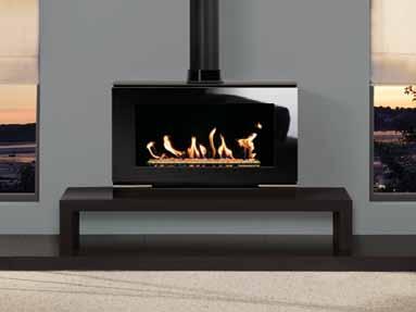 Riva Vision Gas Stoves Riva Vision Large gas stove with White Stone fuel bed on Riva 140 low bench Riva Vision Midi gas stove with Log-effect fuel bed with gloss black flue pipe Riva Studio Vision 2