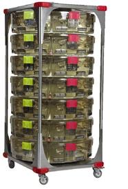 The OptiMICE optimizes the value and density equation with 47 mice per square foot of rack footprint, 14.3 rats (< 400 gm). As with the M.I.C.E. System, all Opti racks are free of noise, odors and allergens.