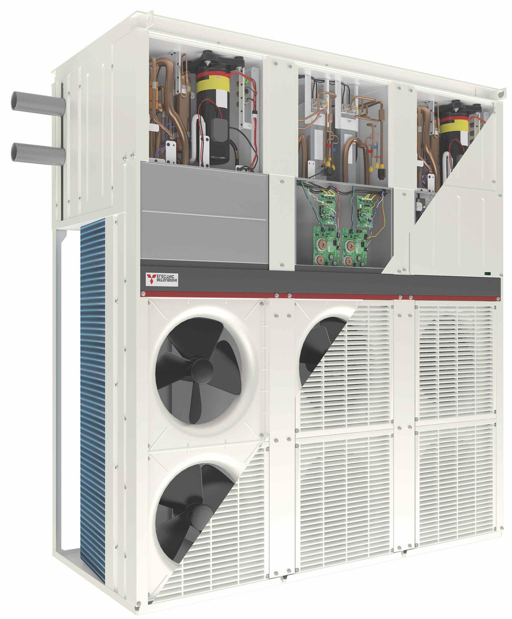 3MW of cooling and heating to the building, the modular approach of the e-series chiller range reduced both space and weight on the rooftop and the in-built