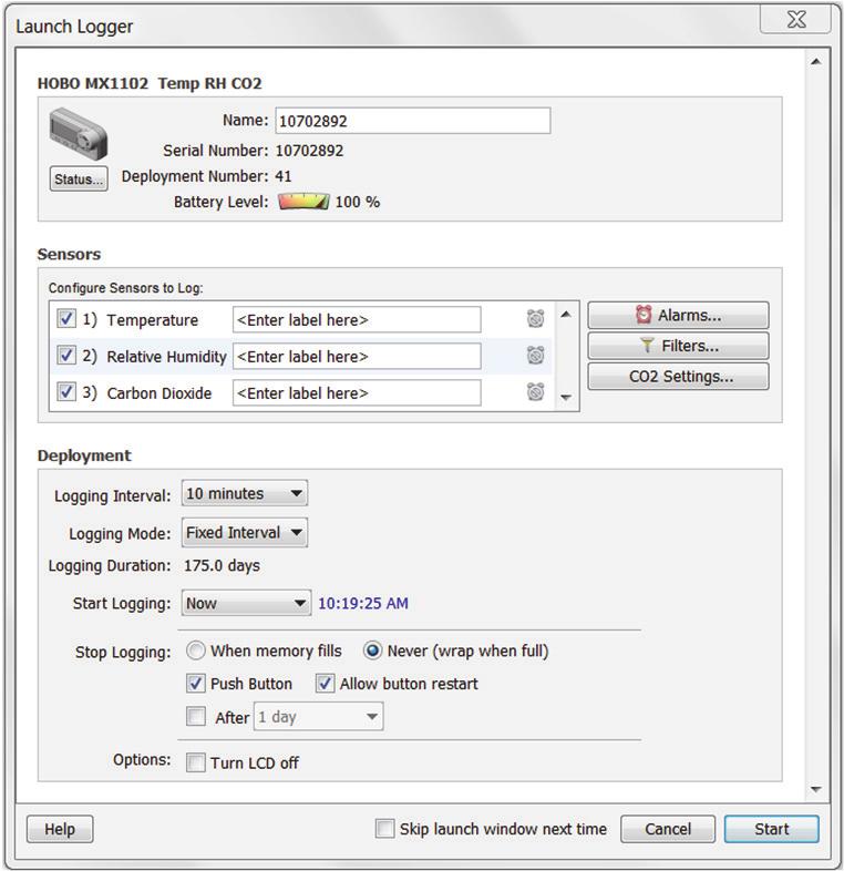 6. Click the Start button when finished. Note that the Start button text changes based on your Start Logging selection. Logging will begin based on the settings you selected.