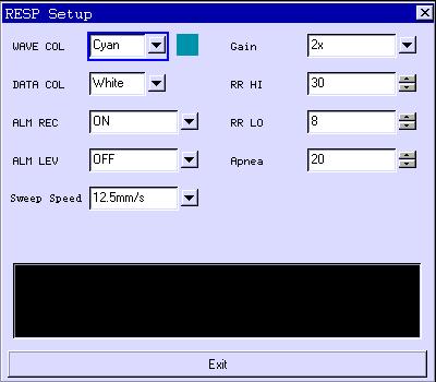 WAVE COL DATA COL ALM REC ALM LEV Sweep Speed Gain Fig. 5-2-4 Setup of RESP parameters Select the color of RESP waveform displayed on the screen. Select the color of RESP data displayed on the screen.