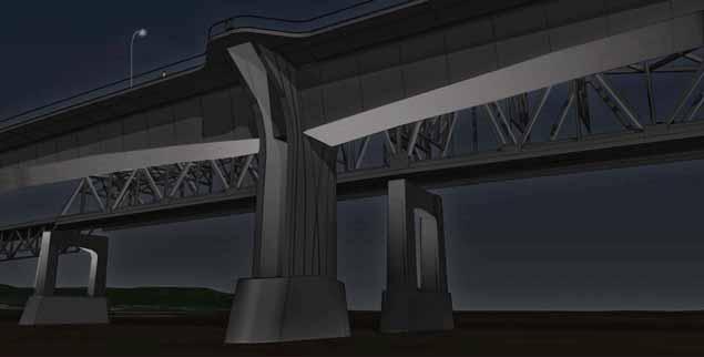 Main Span Unit Aesthetic Lighting New Bridge Initial Concept Light interior faces of main river piers Wash of light on bottom of box girder (Renderings from