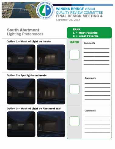 South Abutment Lighting Discussion Option 1 Wash of Light on Insets Option 2 Spotlights