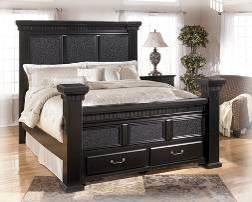 B291 Cavallino Black finish with a subtle decorative vine pattern accenting select panels Pilaster case construction with bracket foot base cut-outs Large scaled footboard posts with massive detailed