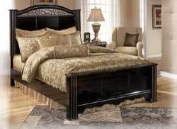DOMESTIC BEDROOMS B104 Constellations Deep glossy black finish with glossy faux marble tops Detailed scroll/leaf appliqués tipped with satin