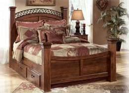 B258 Timberline Replicated warm brown Timber Cherry grain Large scaled posts and accent fretwork; Arched mirror and headboard Eight