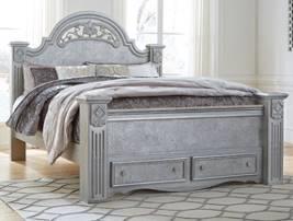 B357 Zolena Elegant metallic silver color finish over replicated maple and burl grains Framed top drawers have gilded bead detail Enormous poster bed offers optional footboard storage Cases
