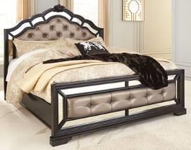 pilasters Antique mirror framing included on headboard, footboard, and mirror Traditional bail and back plate hardware with faux crystal center insert Beds available: King Sleigh Bed (56/58/97) Cal