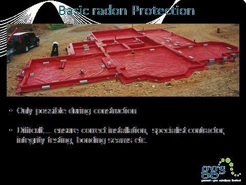 Protection & mitigation Basic radon protection involves laying a radon proof membrane across a building footprint.
