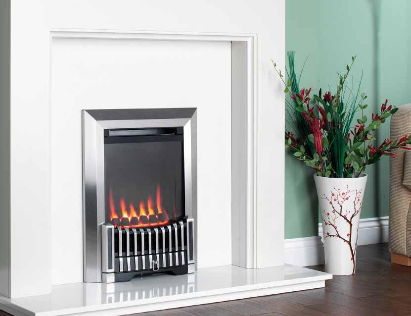 This neat, glass fronted inset fire with a net efficiency of 80% is framed by a chamfered trim and sleek fret.