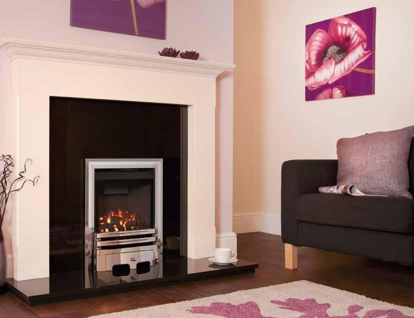Calibre Balanced Flue The Caress full depth living flame effect convector gas fire boasts an impressive 4kW heat output and incredible efficiency.